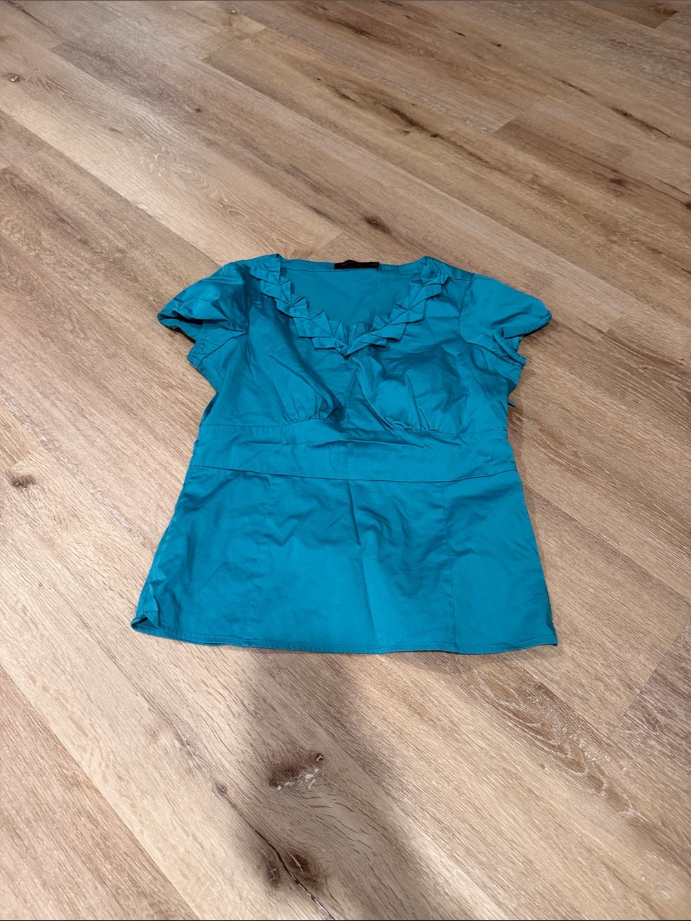 The Limited Teal Ruffled V-Neck Short Sleeve Blouse